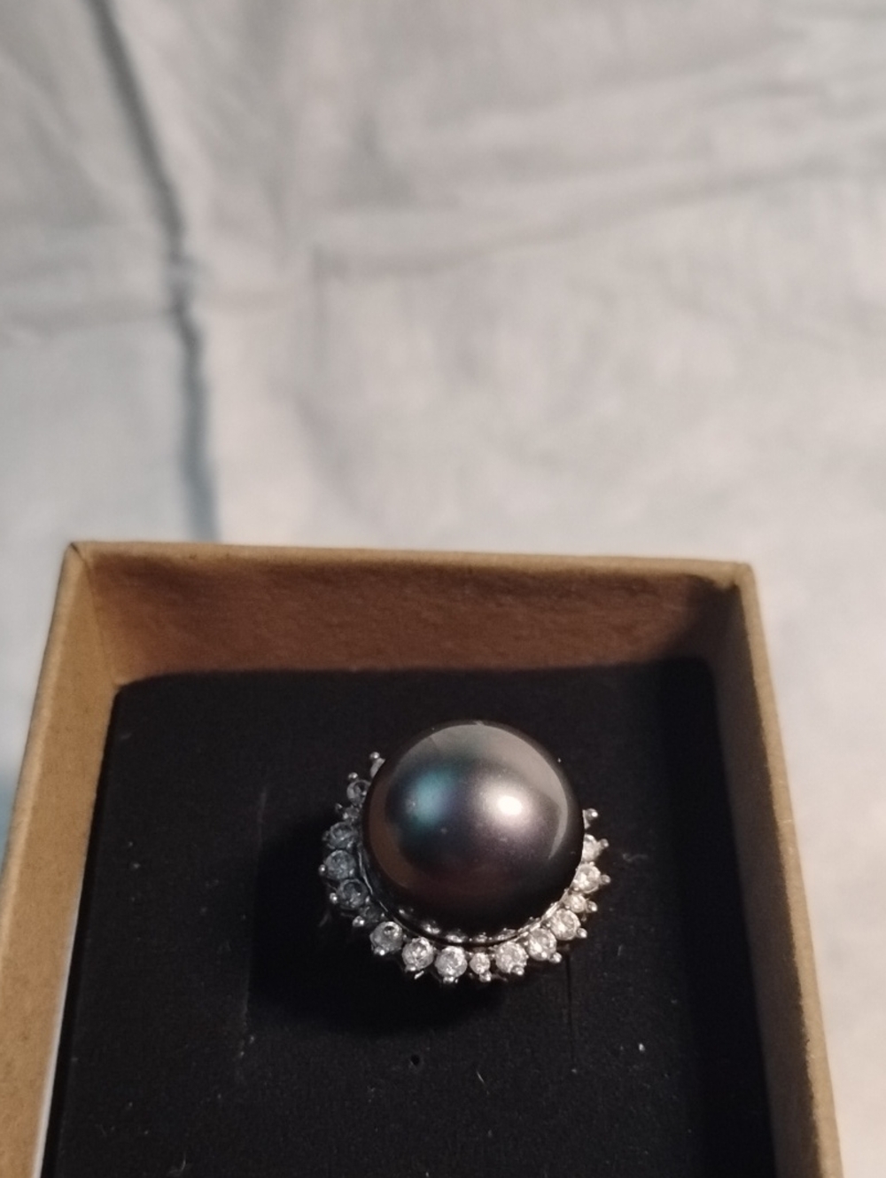 Pearlfection Black Faux Tahitian Pearl Halo Ring with Crystal Accents Size 8